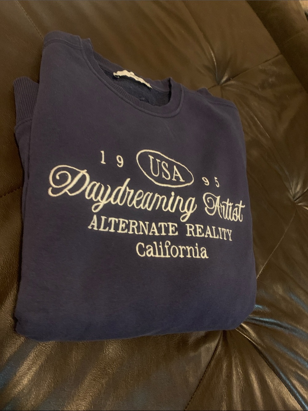 Mango Navy Crewneck Sweatshirt with Cream Script Graphic